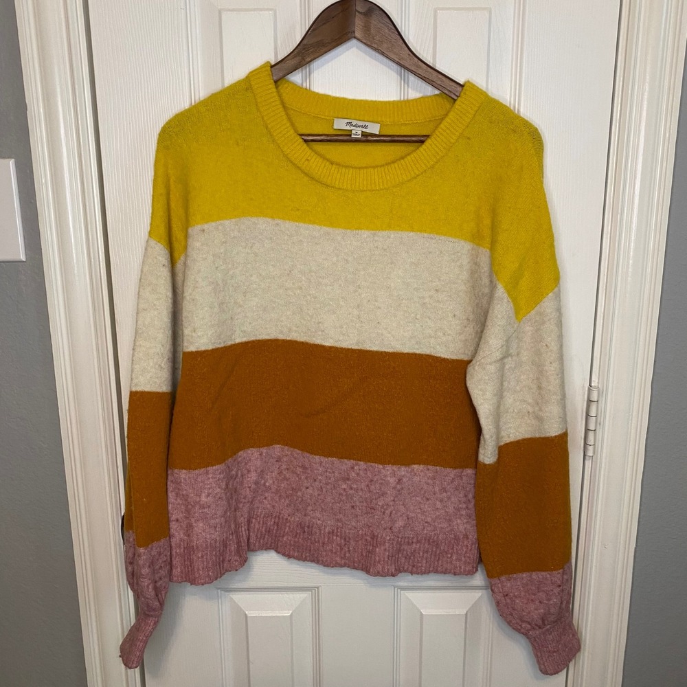 Madewell Sweater Womens Medium Colorblock Wool Alpaca Balloon Sleeve Yellow Pink